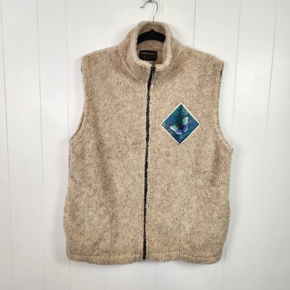 Vintage 90s Beige Fleece Zip Vest Full Zip Butterfly Cottagecore Womens Large - Picture 2 of 9